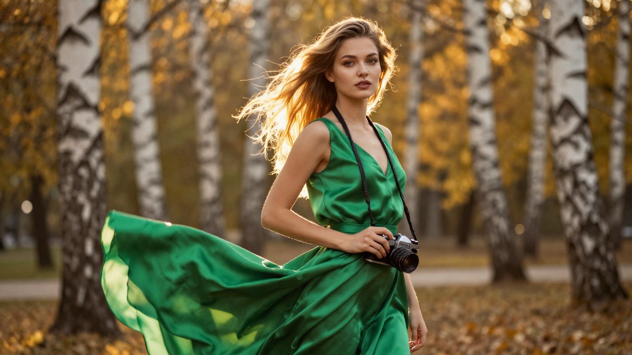 Молодая женщина с винтажной фотокамерой в солнечном московском парке, золотой час, кинематографичное освещение